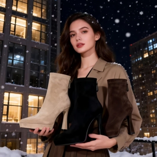 不累脚12cm高跟短靴女秋冬新款防水台绒面弹力靴尖头小粗跟瘦瘦靴