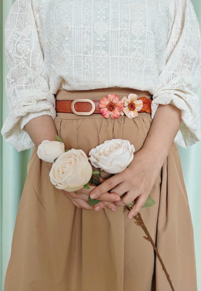 芳圃原创手工植鞣牛皮好质感耐用立体花朵森系文艺复古腰带皮带女