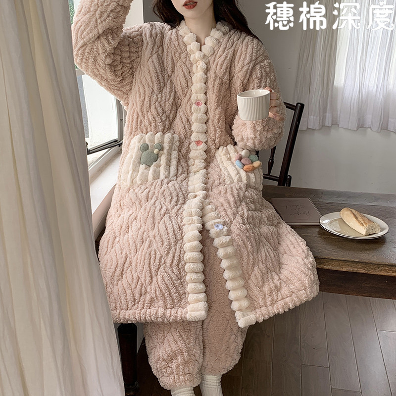 冬天珊瑚绒睡衣女冬季三层加厚夹棉长款睡袍外套花儿秋冬款法兰绒