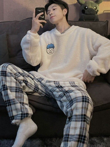 Мужская коралловая бархатная зимняя демисезонная фланелевая утепленная пижама, 2024 года