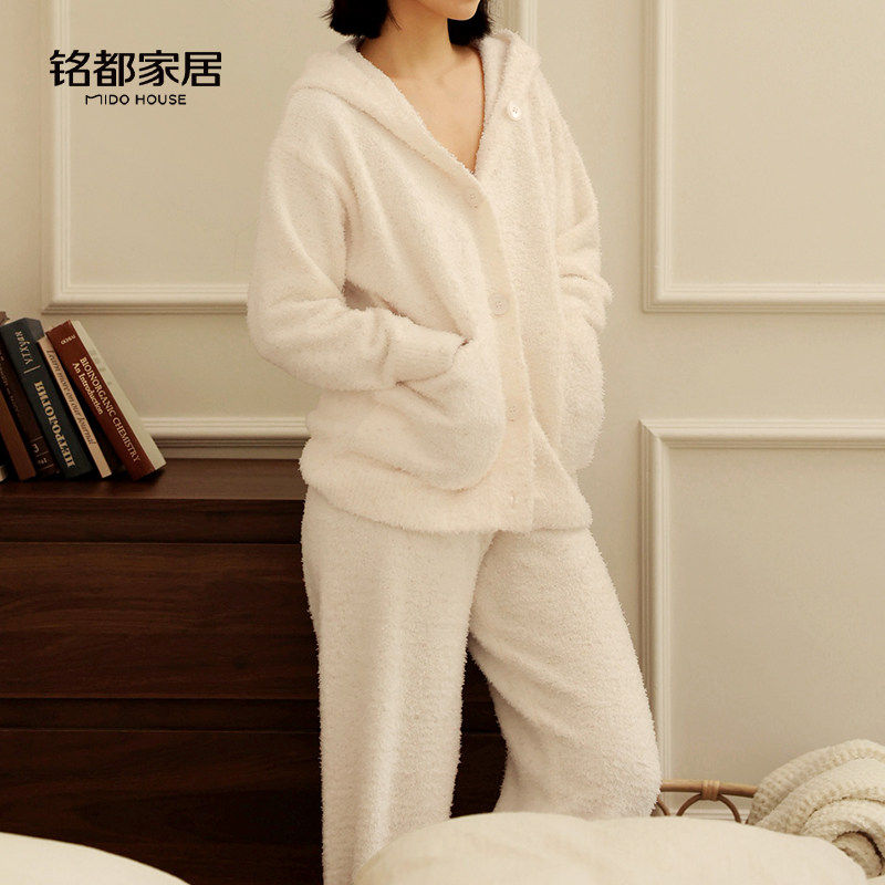 【断码-100】铭都睡衣秋冬女款可外穿连帽款加厚保暖家居服套装