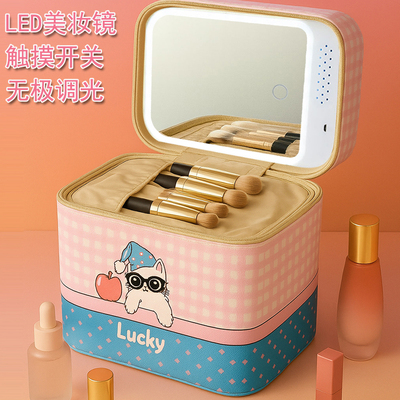 大容量化妆手提包女卡通LED包女便携式2025新款品收纳盒箱带镜子