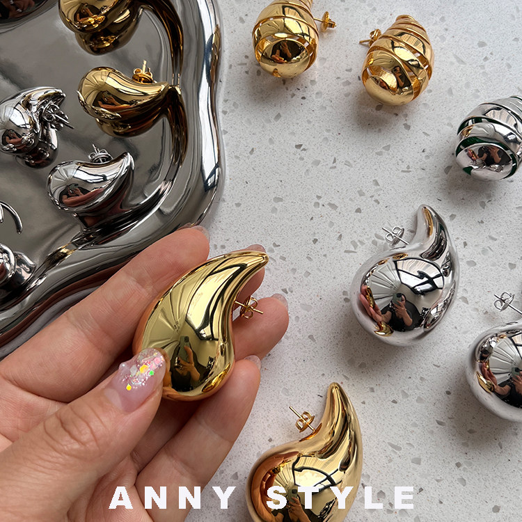 anna小众款B*家金银色立体双面水滴耳环欧美高级感金银925银耳饰