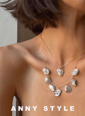 anna异形珍珠14k金项链双层花瓣