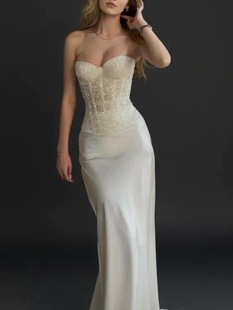 法式性感一字肩抹胸鱼骨连衣裙女气质生日party晚礼服包臀长裙子