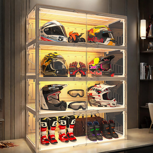 头盔收纳柜摩托车帽子家用带灯展示盒大容量机车装备箱落地放置架
