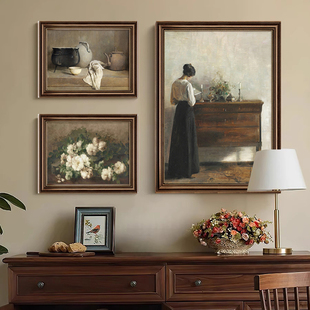 《读书女子与静物花卉》美式覆古组合装饰画画法式中古风古典挂画