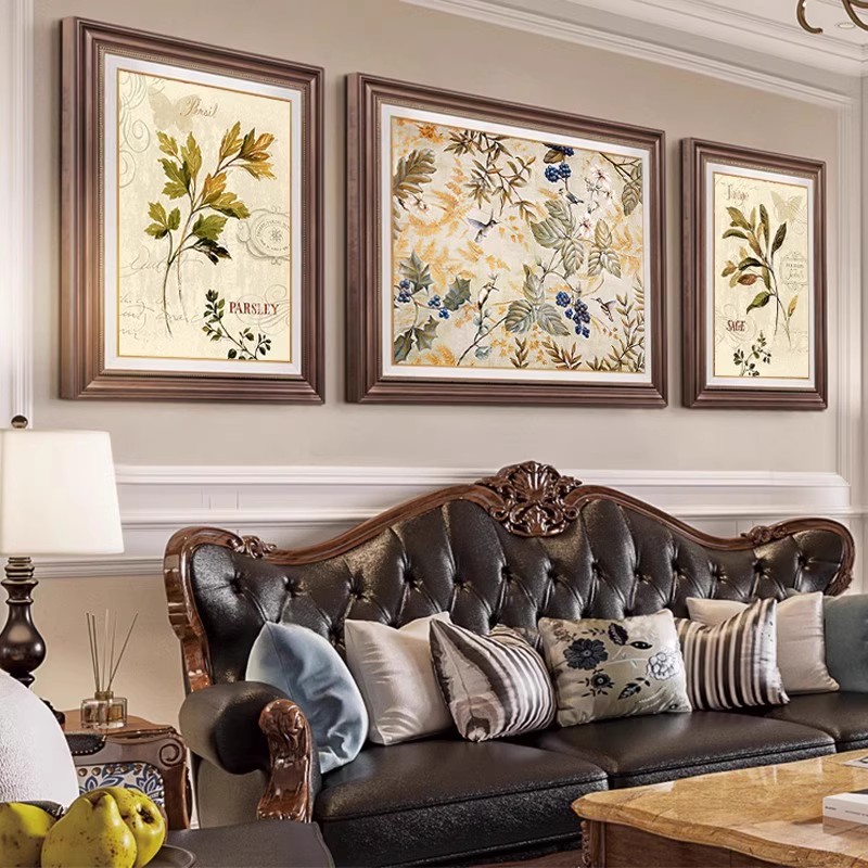 美式三联复古客厅装饰画欧式沙发背景墙画花鸟三联画简美植物挂画图片