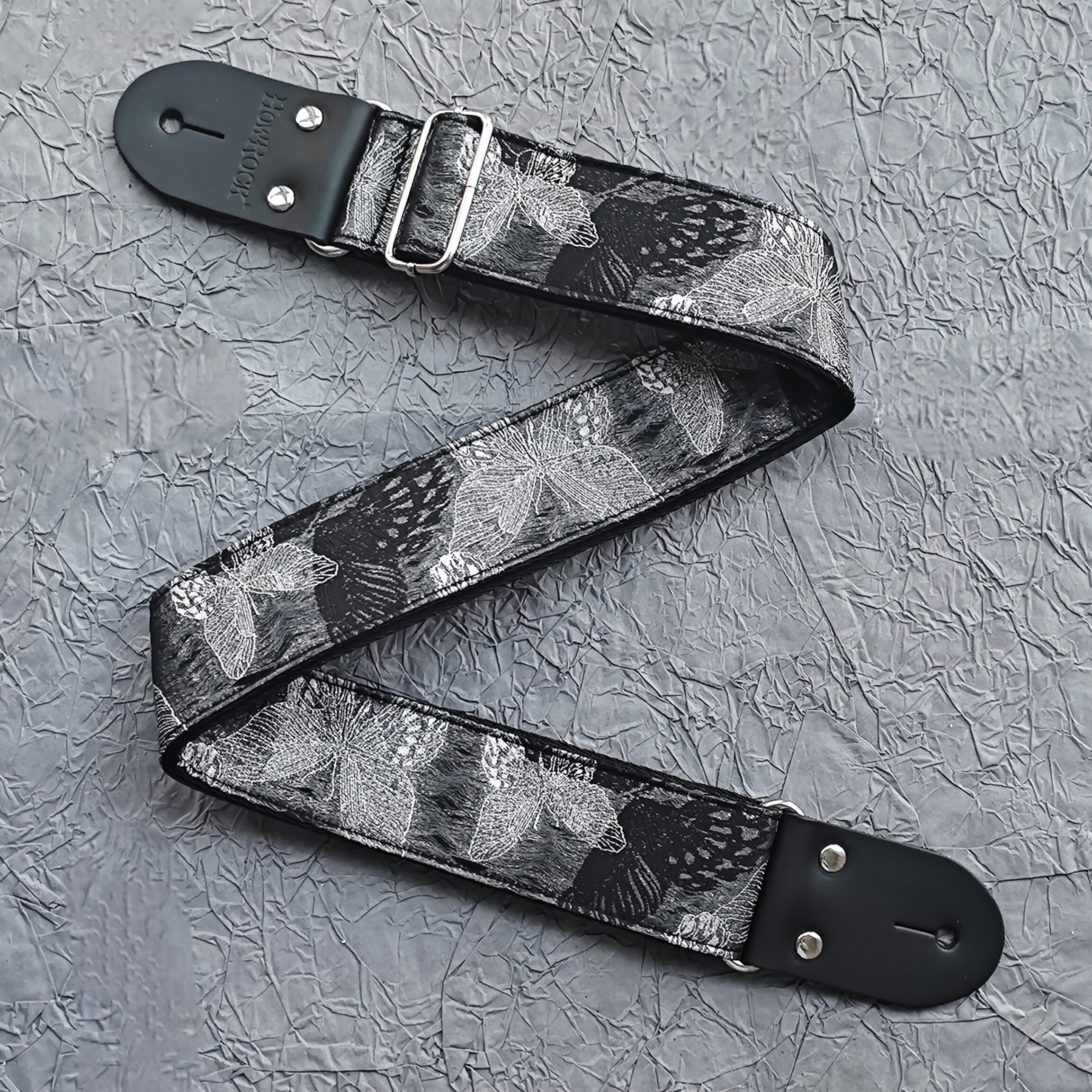 吉他背带真皮头背带银丝蝴蝶吉他高颜值吉他礼物加厚深灰吉他背带