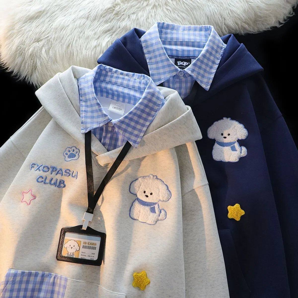 女童刺绣小狗格子假两件polo领卫衣女宽松韩系慵懒风连帽卫衣