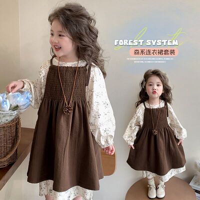 女童春季森系碎花棉麻连衣裙套装