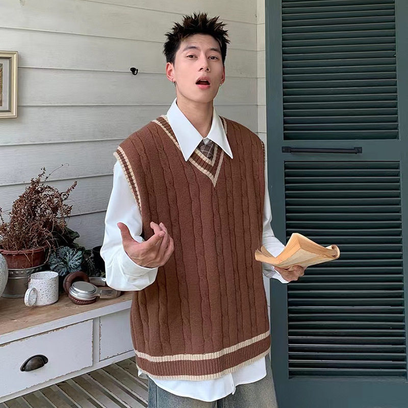 美式复古潮V领学院风针织衫马甲男秋冬季麻花撞色宽松背心无袖衫,男装,背心,淘宝优惠券,粉丝福利购,淘宝优惠卷