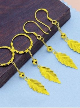 18k黄金色流苏枫叶子耳环耳坠女款高级感24黄金色耳饰送女友礼物