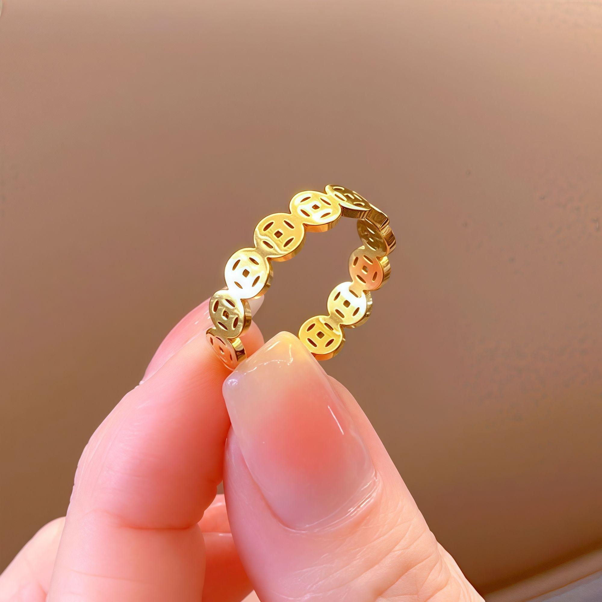 999黄金色铜钱戒指女招财钱
