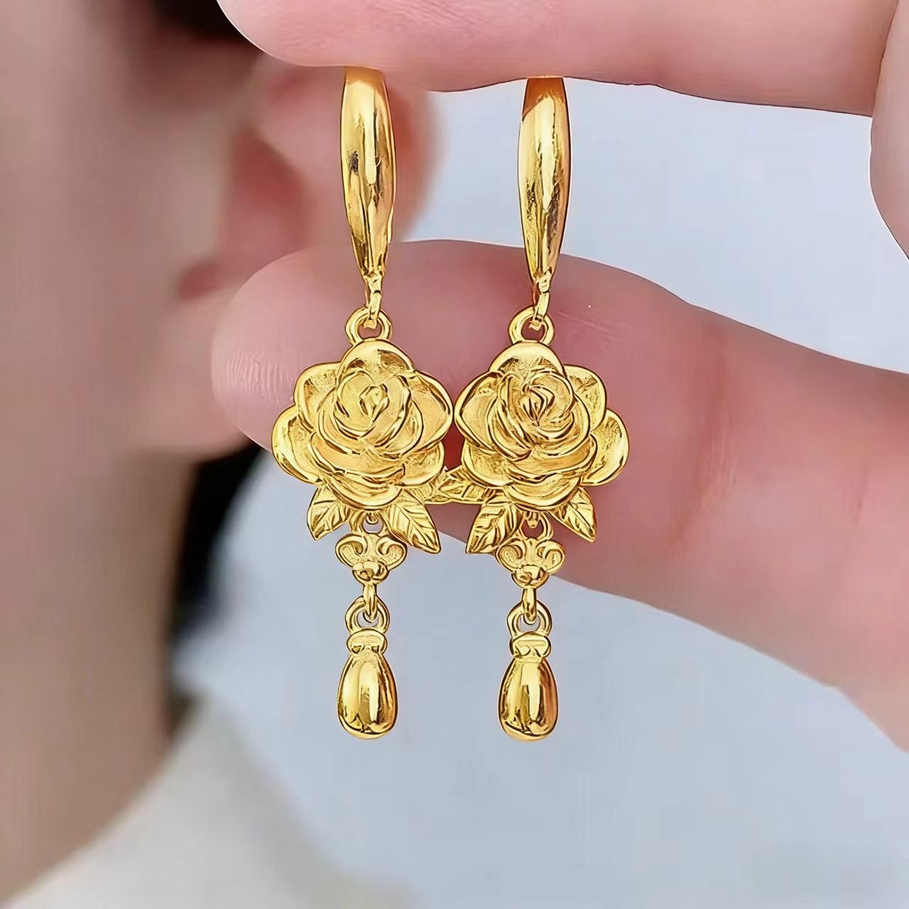 18k黄金色玫瑰花耳坠耳钉女时尚气质高级感24k黄金耳环送妈妈耳饰