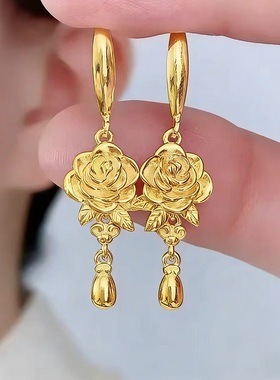 18k黄金色玫瑰花耳坠耳钉女时尚气质高级感24k黄金耳环送妈妈耳饰