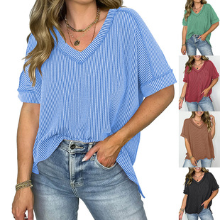 Striped Collar Cover shirt Head Twisted Split Women with