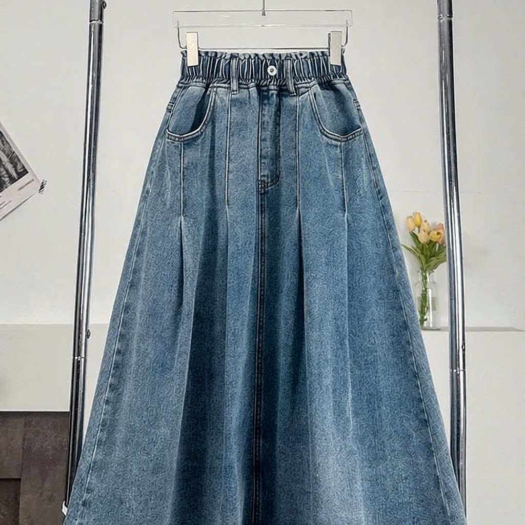 Fat girls' Large Denim Long Skirt Half Body A-line Umbrella图片