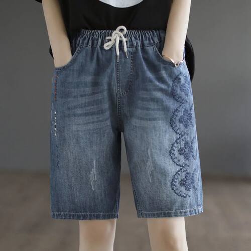 girls elastic waisted jeans women loose fitting retro shorts