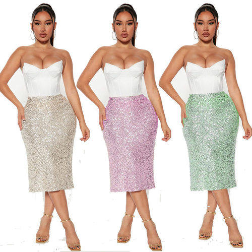 New spring women's sequined high waisted mid length skirt