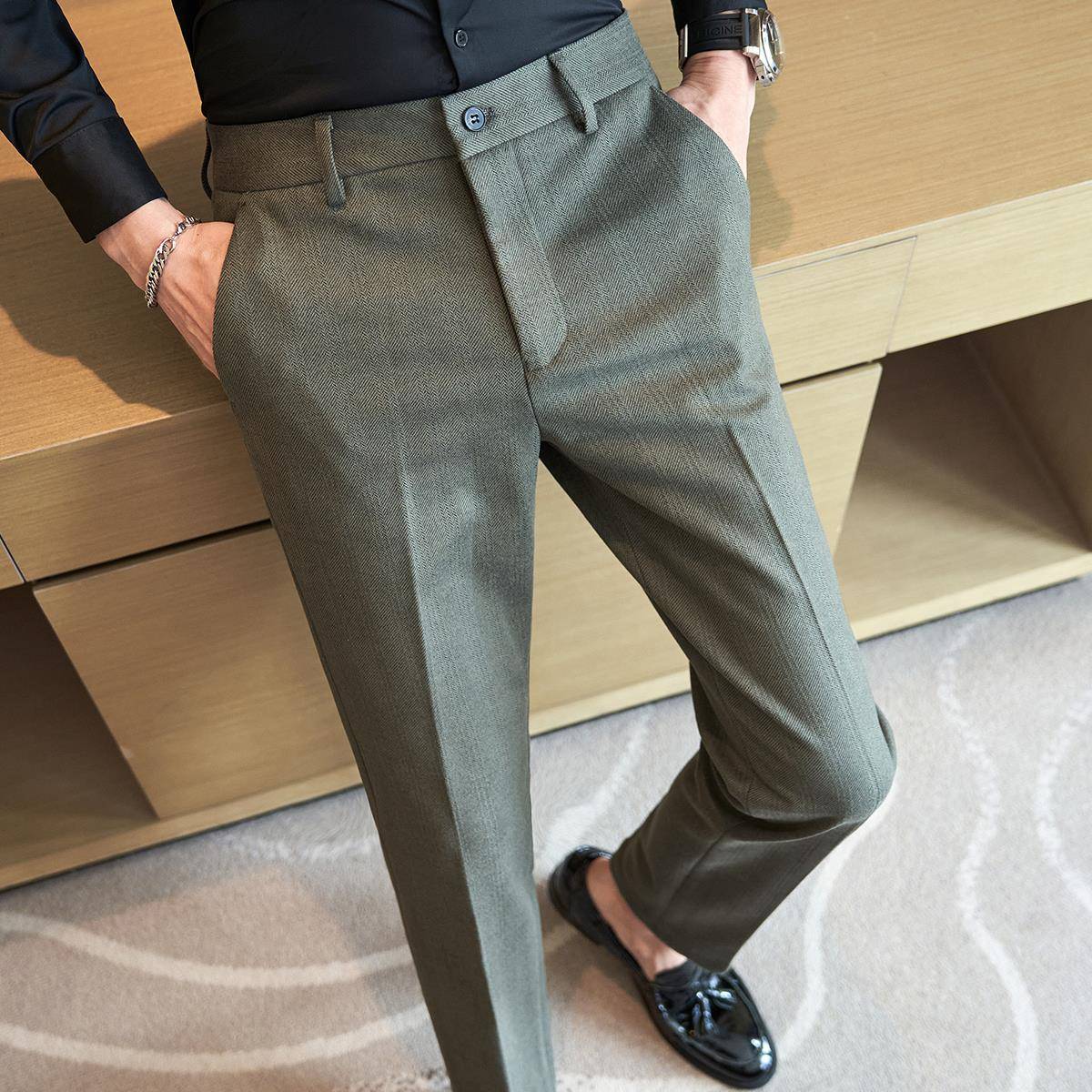 新款毛呢休闲西裤男秋冬季厚款潮流修身小脚长裤商务百搭感0929z