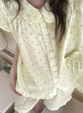韩系绿色圆点睡衣女款夏2026新款甜美花边可爱短袖短裤家居0624k