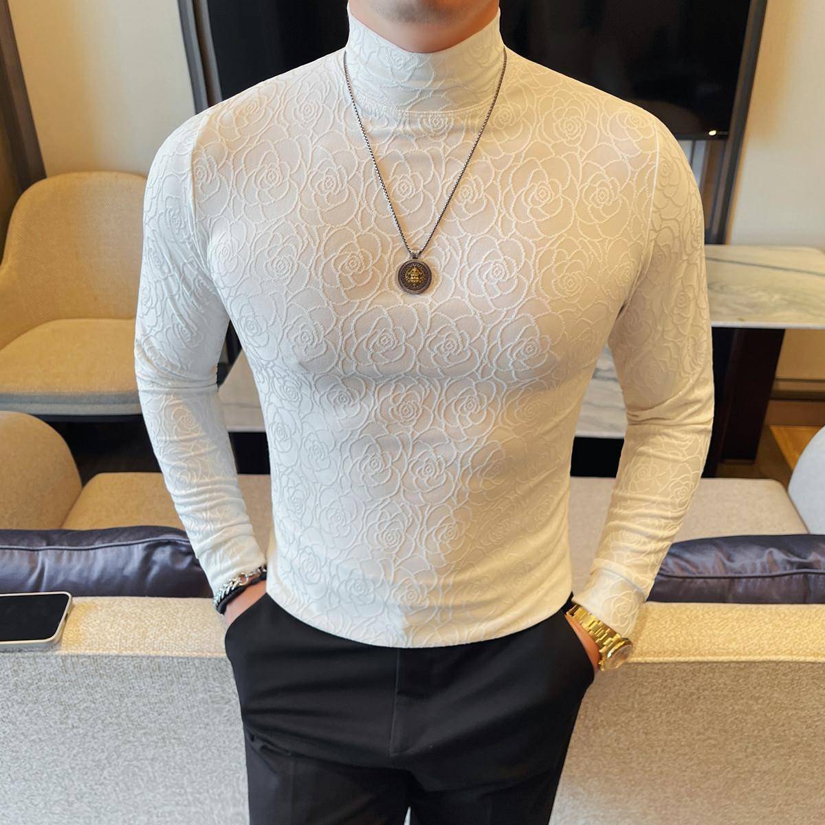 秋冬2025长袖半高领t恤男士新款内搭紧身中领打底衫长1023z