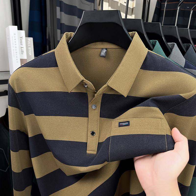 爸爸装长袖t恤春季款真口袋中年男士条纹打底polo衫春装上0104w