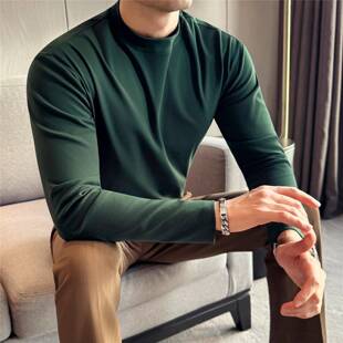 春季半高圆领男士长袖T恤弹修身内搭打底衫成熟稳重男装上衣0206z