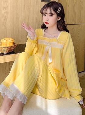 秋冬睡衣冬季加厚加珊瑚绒纯色蕾丝冬天黄色家居服套装新款1110k