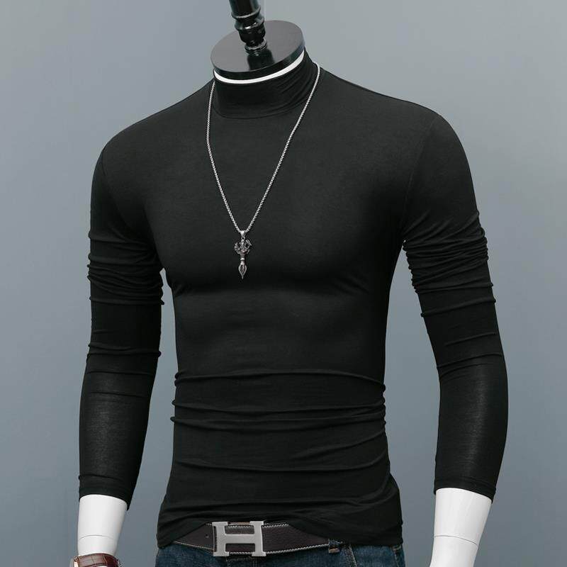 时尚秋冬高领打底衫男士薄款长袖T恤纯色修身紧身百搭上衣潮1217h