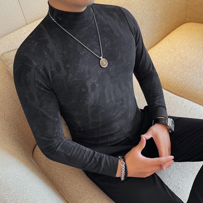 秋冬新款扎染长袖T恤男士半高领潮流时尚百搭休闲打底衫1023z