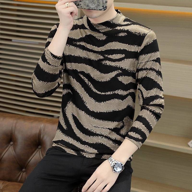 秋冬长袖t恤男款时尚潮牌装打底衫豹纹休闲半高领内搭衣男1023z