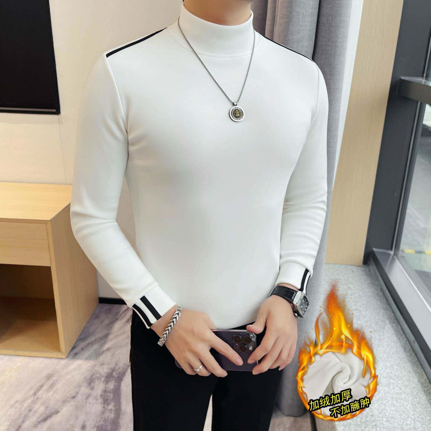 时尚秋冬高领长袖打底衫男加绒加厚保暖内搭修身弹中领潮流T1217h