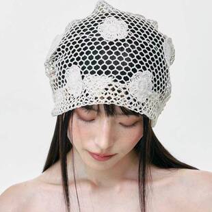 花儿朵朵开镂空网眼钩花编织帽子女夏季 出游凹造型包头帽堆0325e1