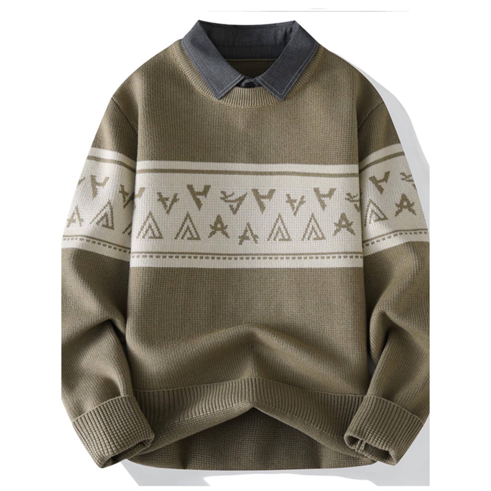 冬季加厚衬衫保暖男秋季撞色假两件毛衣士秋线衣领装长袖打1020w