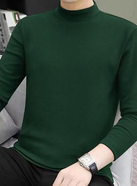 墨绿色半高领长袖t恤男双面中领内搭秋冬打底衫加绒保暖上衣1221r