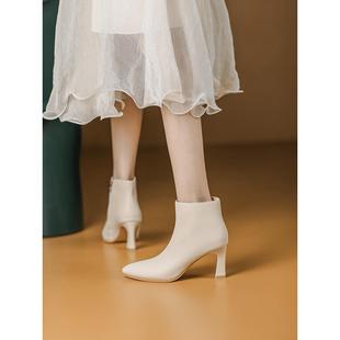 秋冬新款 1222z 白色短靴女士厚跟和单靴法国高跟鞋
