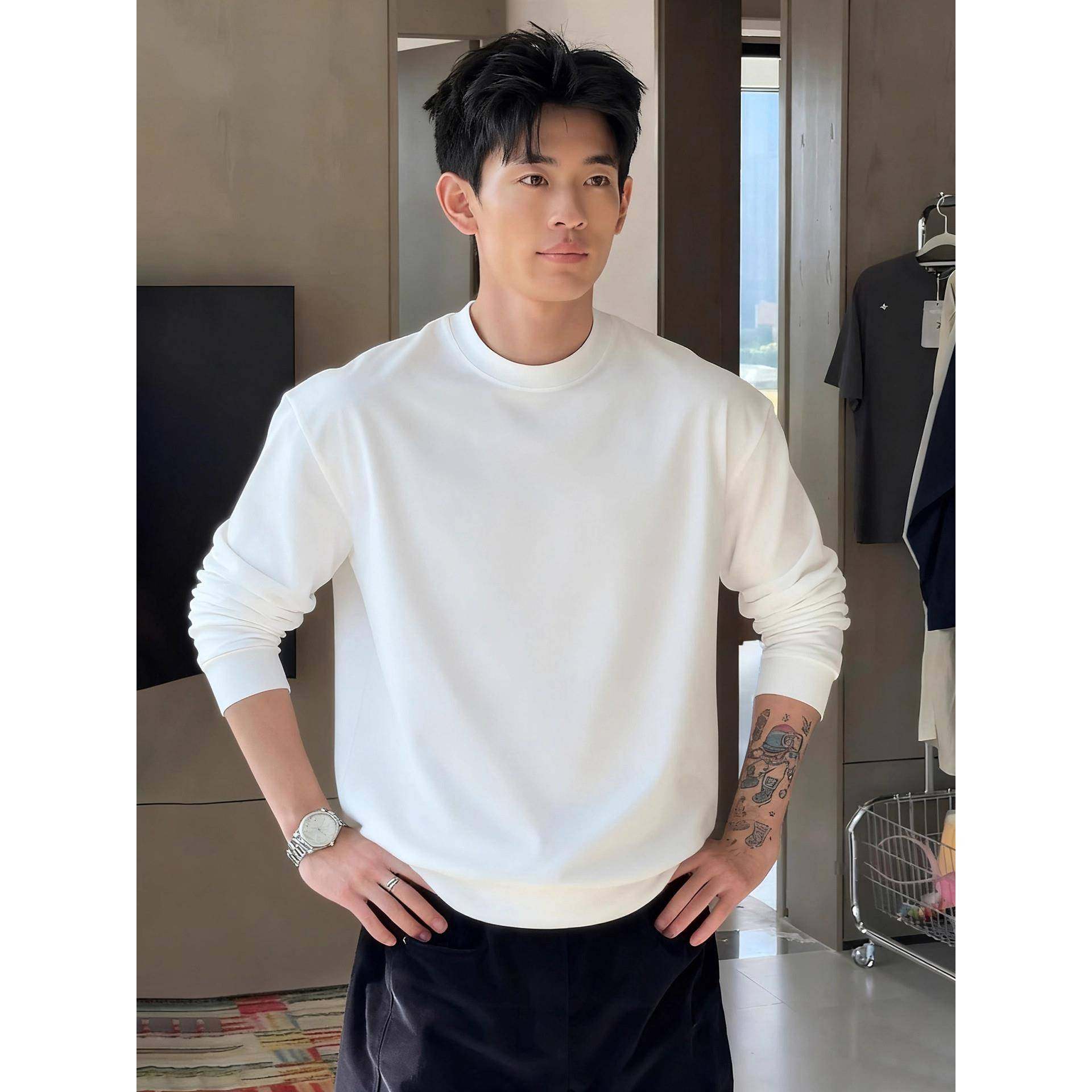 白色正肩小领口卫衣男款秋美式打底衫感内搭圆领长袖t恤0120k,男装,T恤,淘宝优惠券,粉丝福利购,淘宝优惠卷