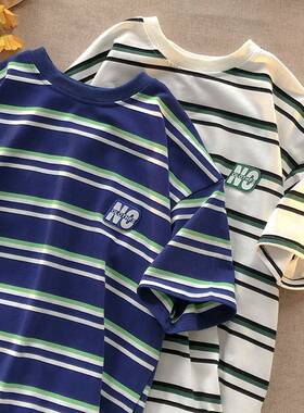 夏款对比色条纹t恤男短袖夏季香港风格夫妇五分袖时尚品牌在0305d