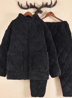 秋冬黑色珊瑚绒睡衣女款三层夹棉加厚加绒情侣男士大码家居12292e