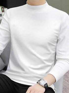 白色半高领打底衫男秋冬内搭长袖t恤中领纯色加厚保暖上衣服0120k