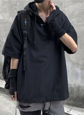 夏款暗黑风连帽短袖T恤男潮牌痞帅袖上衣夏季港风街头百搭五0305d