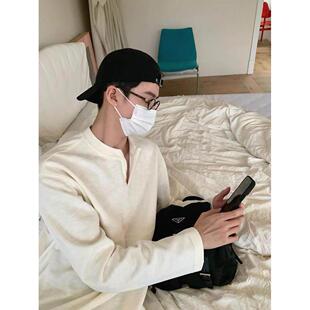 春男t深v领polo衫感宽松长袖恤文艺范气质叠领卫衣棉质0208k