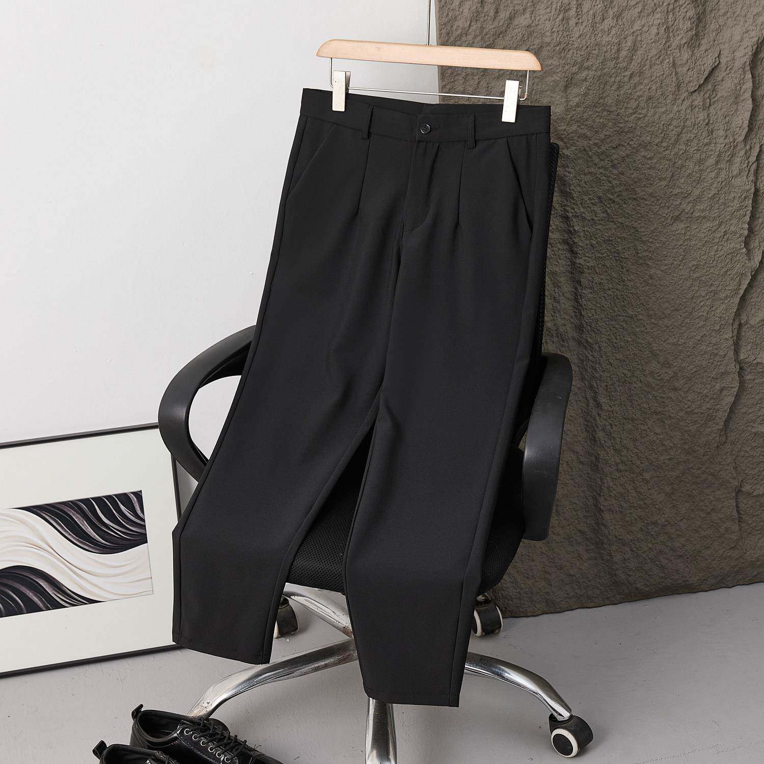 西装裤男直筒商务休闲裤垂感黑色英伦风九分西裤男0304k