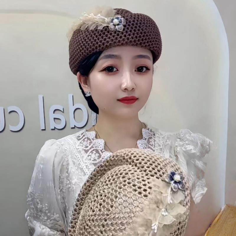 夏季镂空串花空姐帽女帽时尚韩版女士个性甜美优雅贝雷帽帽0325e1