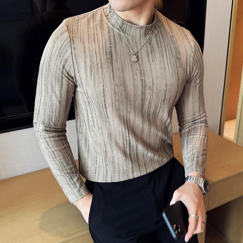 秋冬2025中领长袖T恤渐变条纹修身弹半高领打底衫男1023z