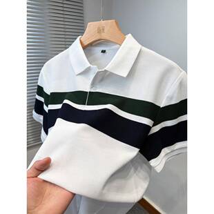 士0325k 运动休闲中年Polo衫 春夏男t恤高端皮网条纹短袖 士2026新款