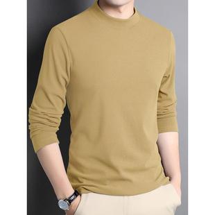 T恤圆领宽松保暖上衣1221r 内搭秋冬卡其色长袖 双面加绒打底衫 男款