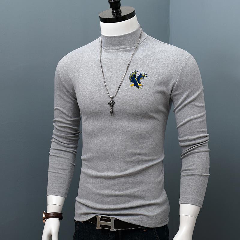秋冬男士纯半高领长袖t恤印花潮流大码打底衫修身保暖上衣1214z